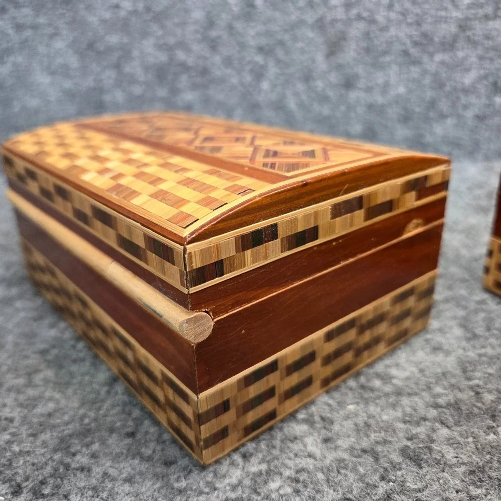 2 Vintage Hand Carved Wooden Trinket Box with‎ Straw Ornament USSR RUSSIA